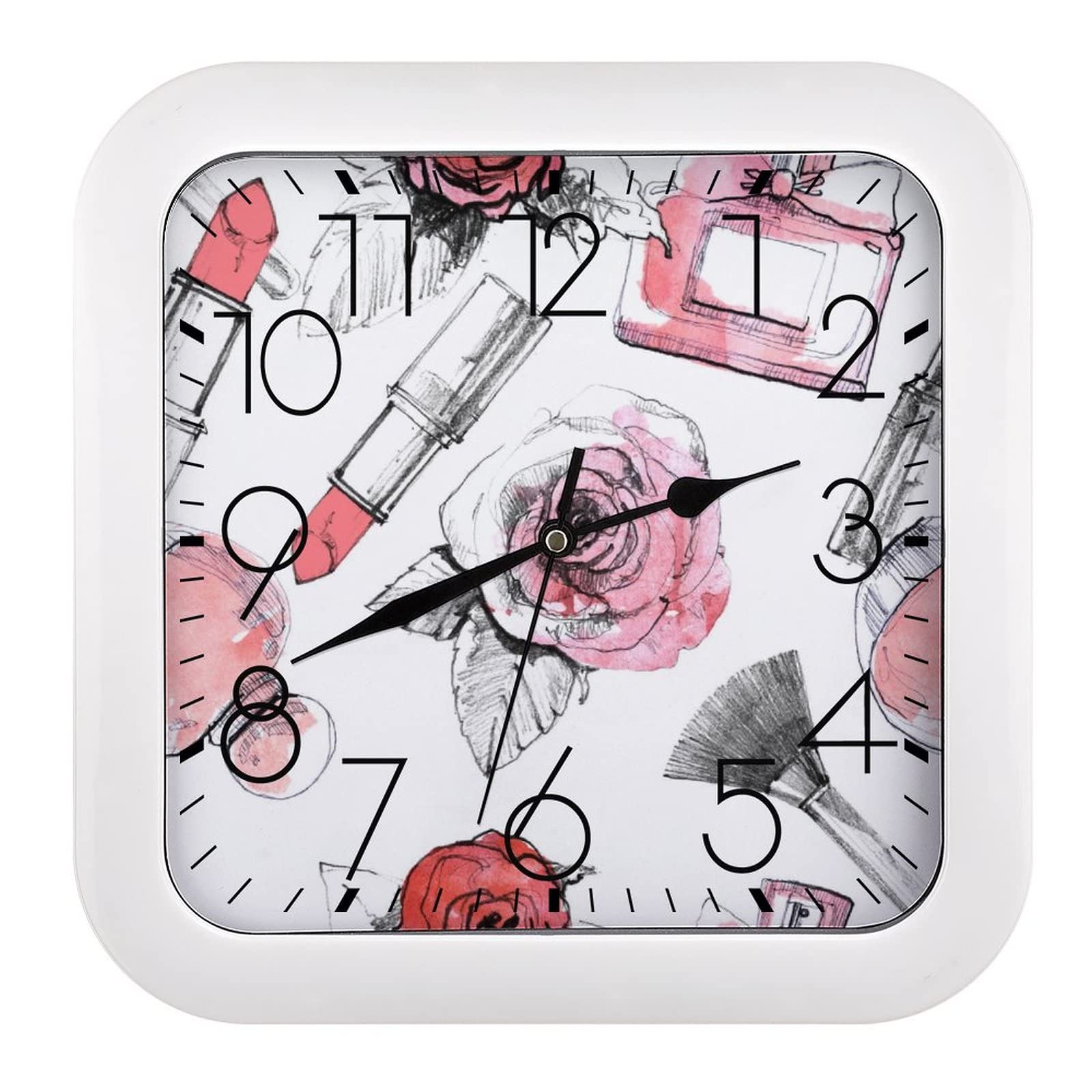 Horloge Murale Carrée Fleurs Rouge À Lèvres 26x26cm avec Grands Chiffres pour Cuisine