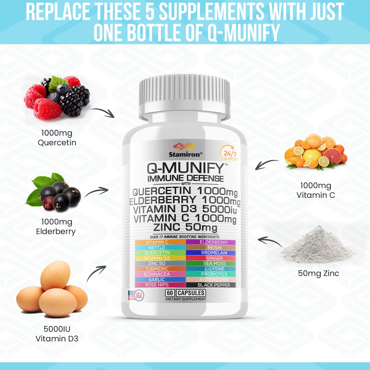 Quercetin Zinc Vitamin C Bromelain Supplement Immune Support Defense w Vit D3 5000IU Elderberry