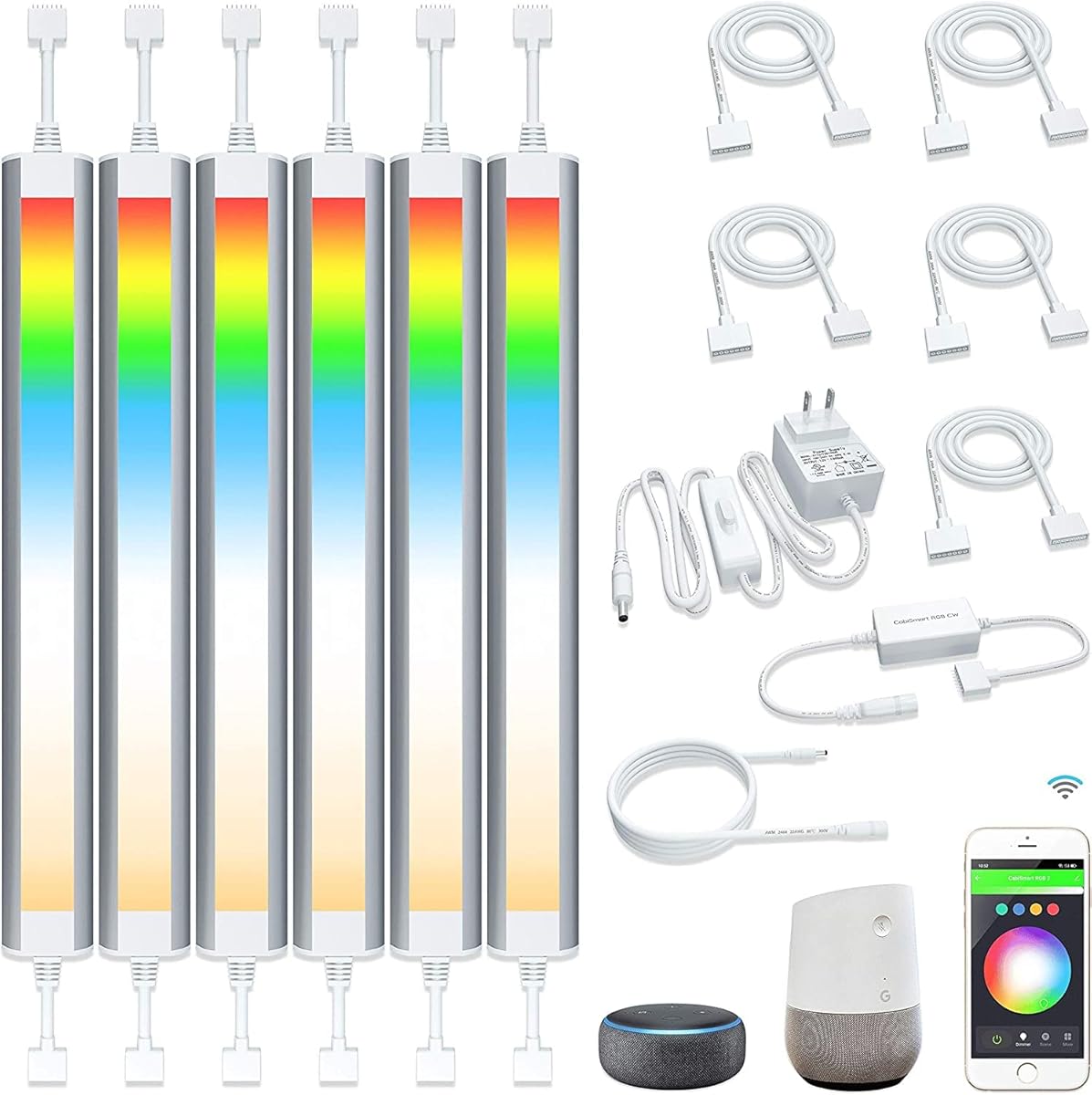 Smart Under Cabinet Lighting Strip Lights White & Color Changing Dimmable Work with Alexa Google Smart Thing Phone App, RGB Multi Colored Lamp for Kitchen Counter Light Fixture (6 Lights Bar Kit)