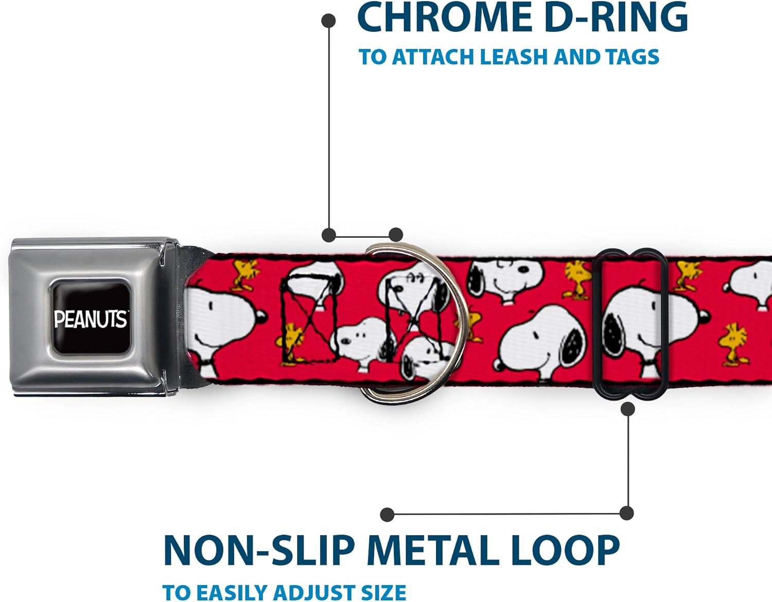 Peanuts Worldwide LLC Pet Collar, Dog Collar Metal Seatbelt Buckle, Peanuts Snoopy and Woodstock Poses Scattered Red, 15 to 24 Inches 1.0 Inch Wide