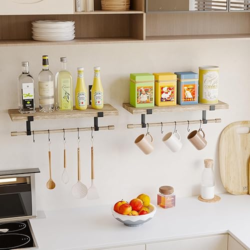 Miniatura 7 de Fixwal Estantes flotantes de pared con ganchos, estantes de madera rústica para barra de café para almacenamiento, estantes montados en la pared con