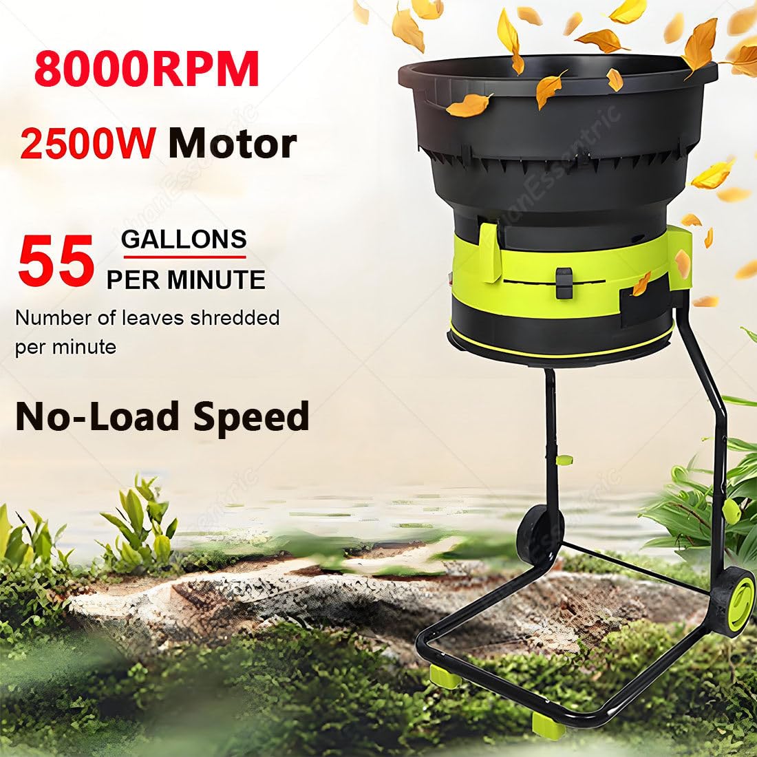 Trituradora eléctrica de hojas con ruedas y bolsa de almacenamiento, trituradora de jardín sin aspas de 2500 W, tolva de 54 cm de ancho para compostaje y desechos de jardín