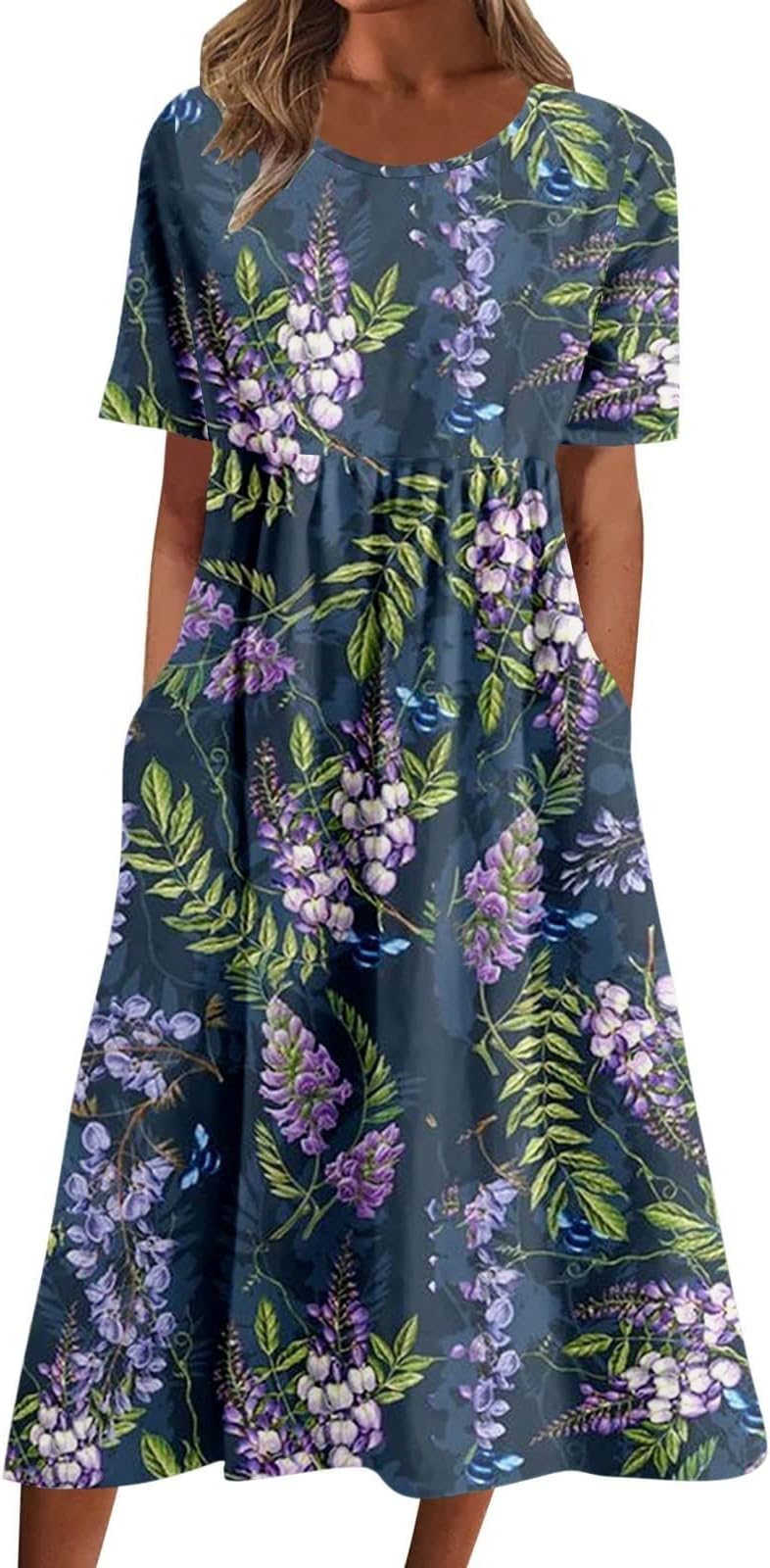 JJHAEVDY Women's Summer Midi Dress Casual Short Sleeve Crew Neck Smocked High Waist Loose Beach Dress with Pockets 2023
