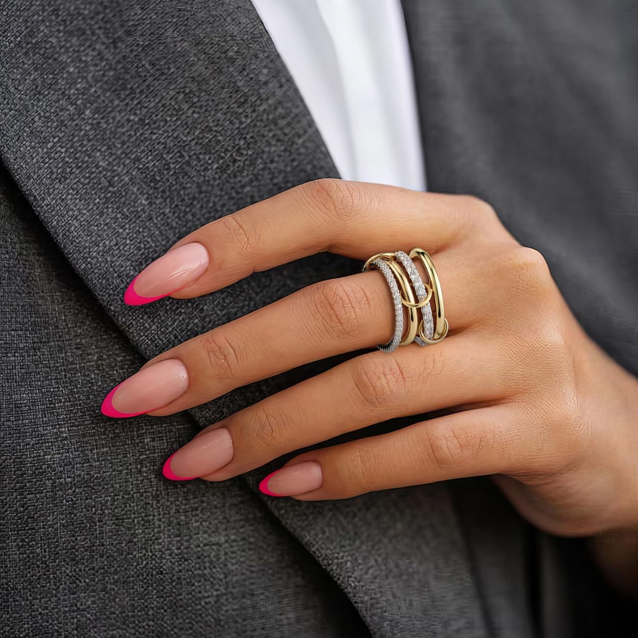 Emibele 14K Gold Plated Stackable Rings for Women, Interlocking Non Tarnish Gold Rings, Silver Dainty Cubic Zirconia Bands, Two-Toned Mixed Metal Stacking Band, Trendy Jewelry Gifts for Women - Image 2