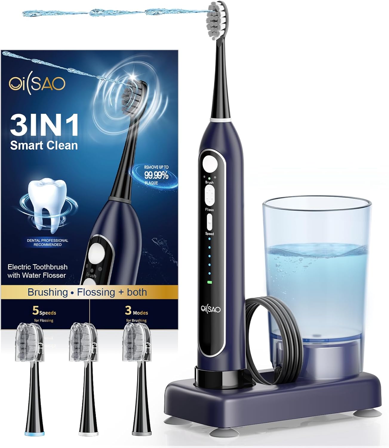 Product image of Electric Toothbrush with Water Flosser Combo, All in One Sonic Toothbrush with 3 Modes & 5 Flossing Speeds, Rechargeable & Portable for Adult Teeth Cleaning and Plaque Removal, Dark Blue