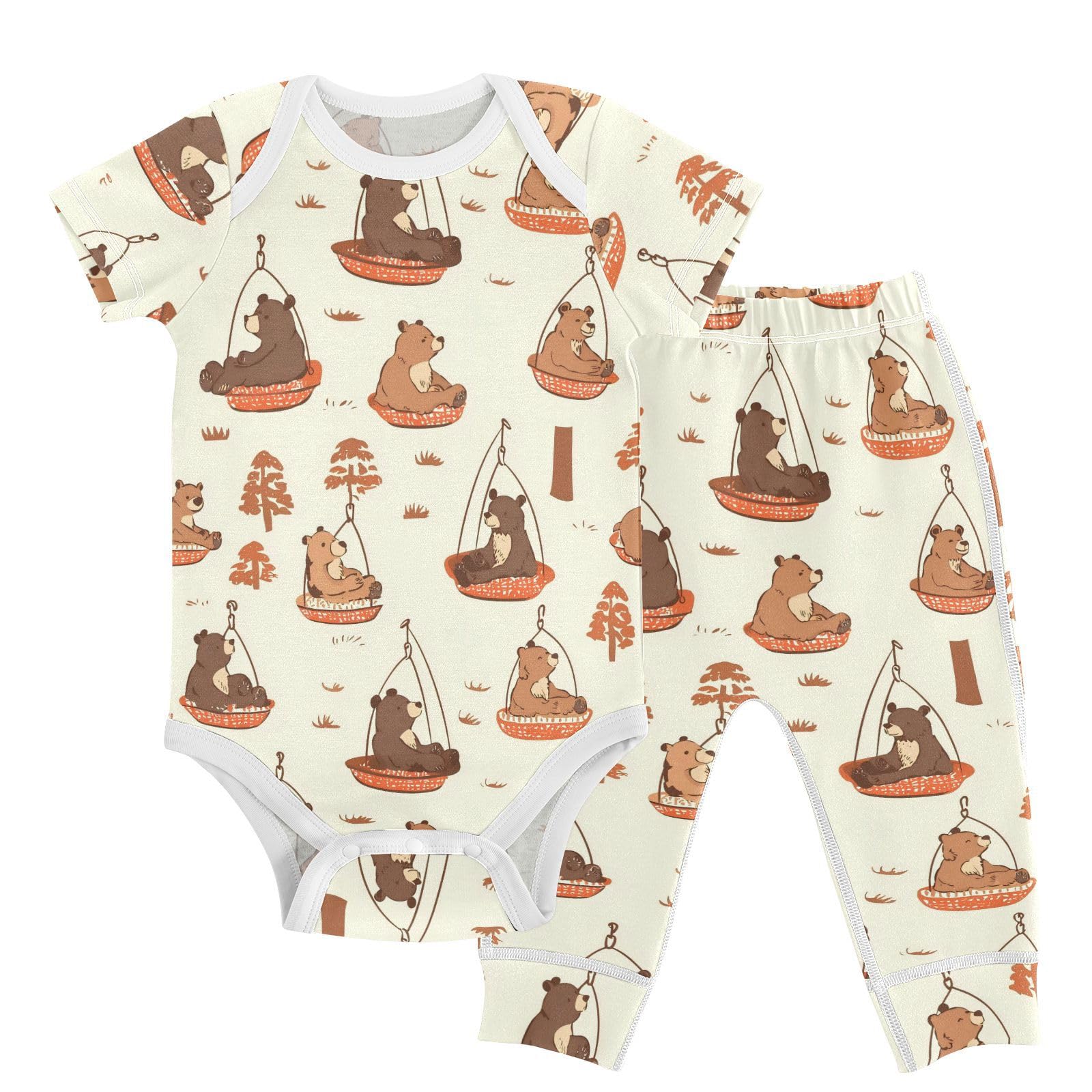 vvfelixl Baby Layette Sets Clothes,Brown Bears Baby Bodysuits Set,Unisex Babys Pants Sets Short Sleeve 12-18M