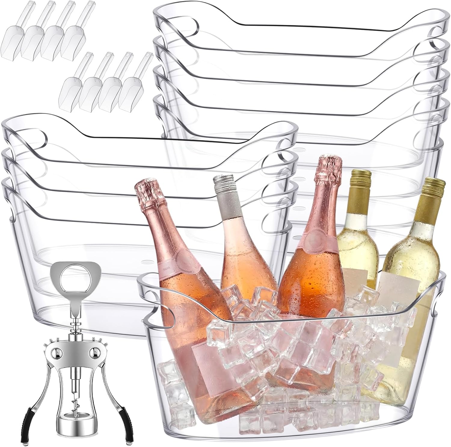 8 Pack 6.5l Ice Bucket for Party, Clear Plastic Champagne Cooler with Ice Scoop & Metal Bottle Opener, Large Portable Drink Beverage Tub for Beer & Mimosa Bar Supplies