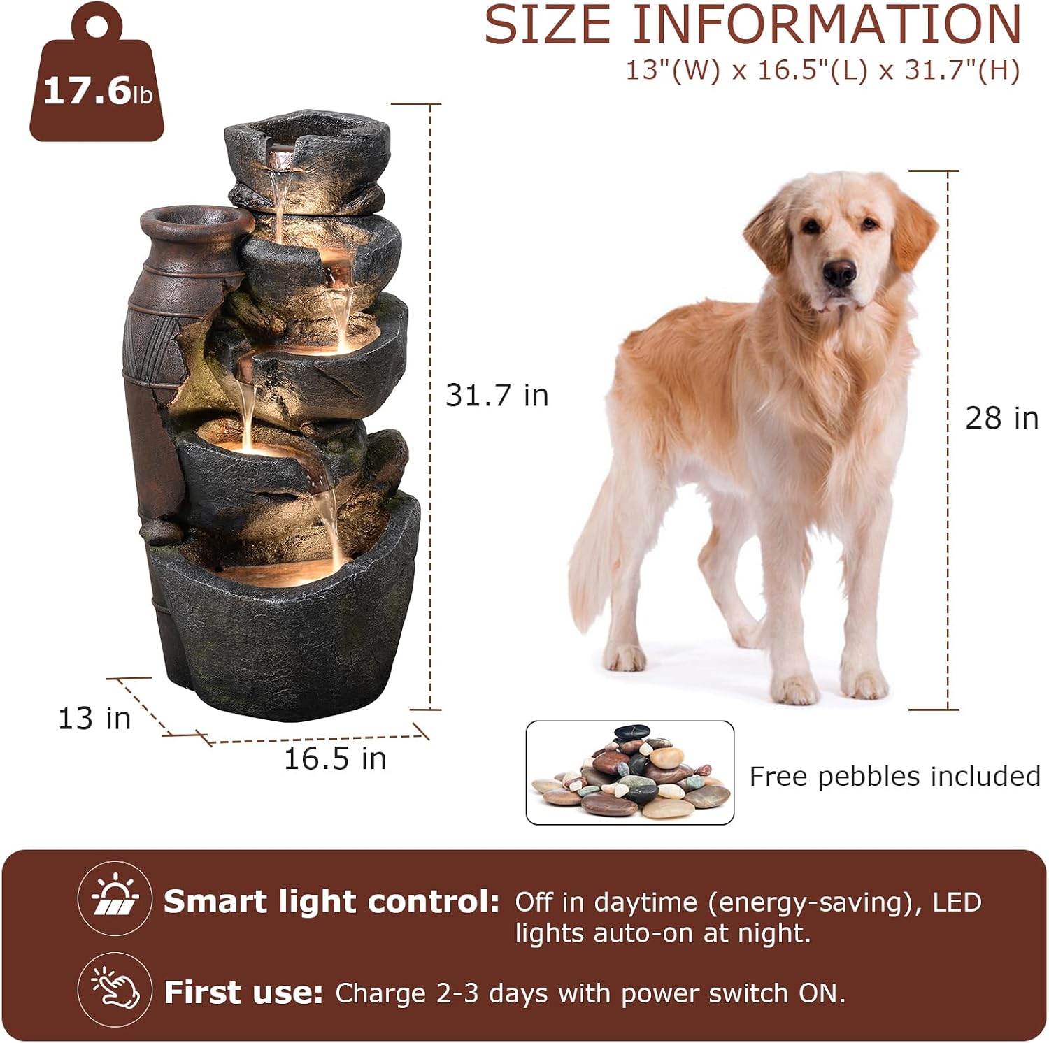 5 Tier Rock Solar Water Fountain Outdoor with Vintage Jar, Cascading Waterfall Fountain with LED Lights, Outdoor Fountains for Garden or Patio, Yard, Deck Decor, 16.5" L x 12.6" W x 31.7" H