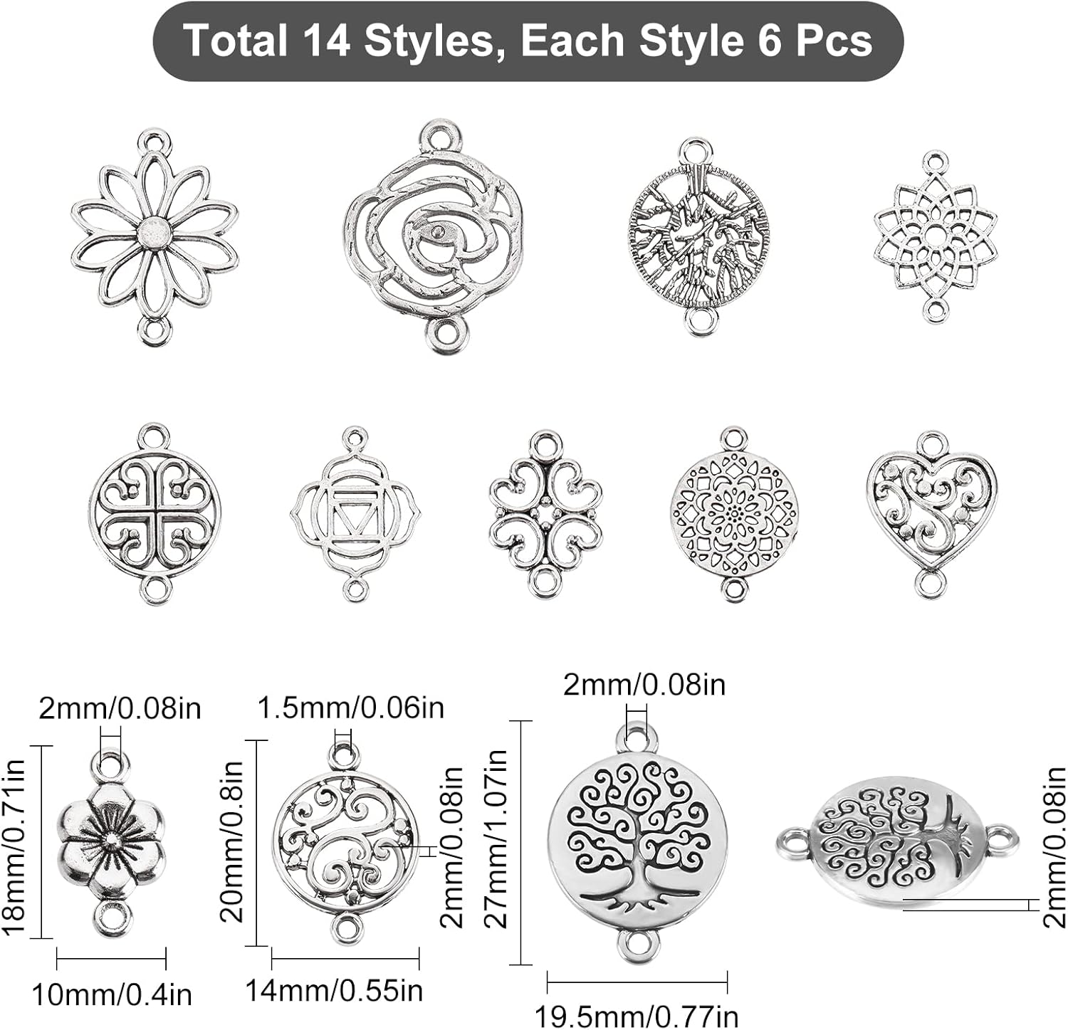 SUNNYCLUE 1 Box 84Pcs 14 Styles Tibetan Style Tree of Life Charms Bulk Hollow Rose Flower Connector Charms for Jewelry Making Linking Charm Heart Sakura Chakra Yoga Crafting Earring Bracelet Supplies - Image 2