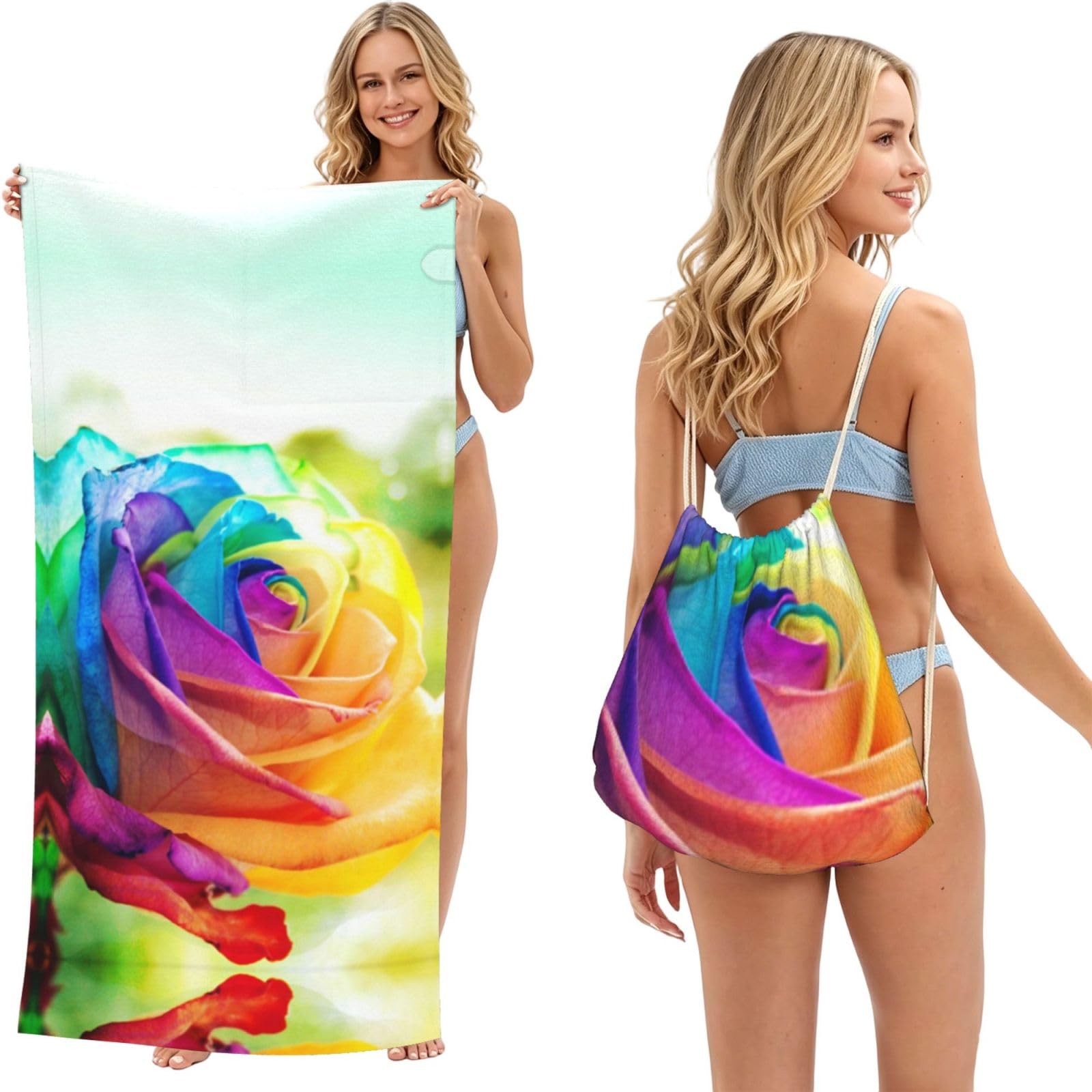 SATUSA Rose Print 2-In-1 Foldable Beach Towel Backpack â€“ Camping, Yoga And Travel,Bath Towel With Built-In Storage, Convertible Beach Mat & Carry Bag