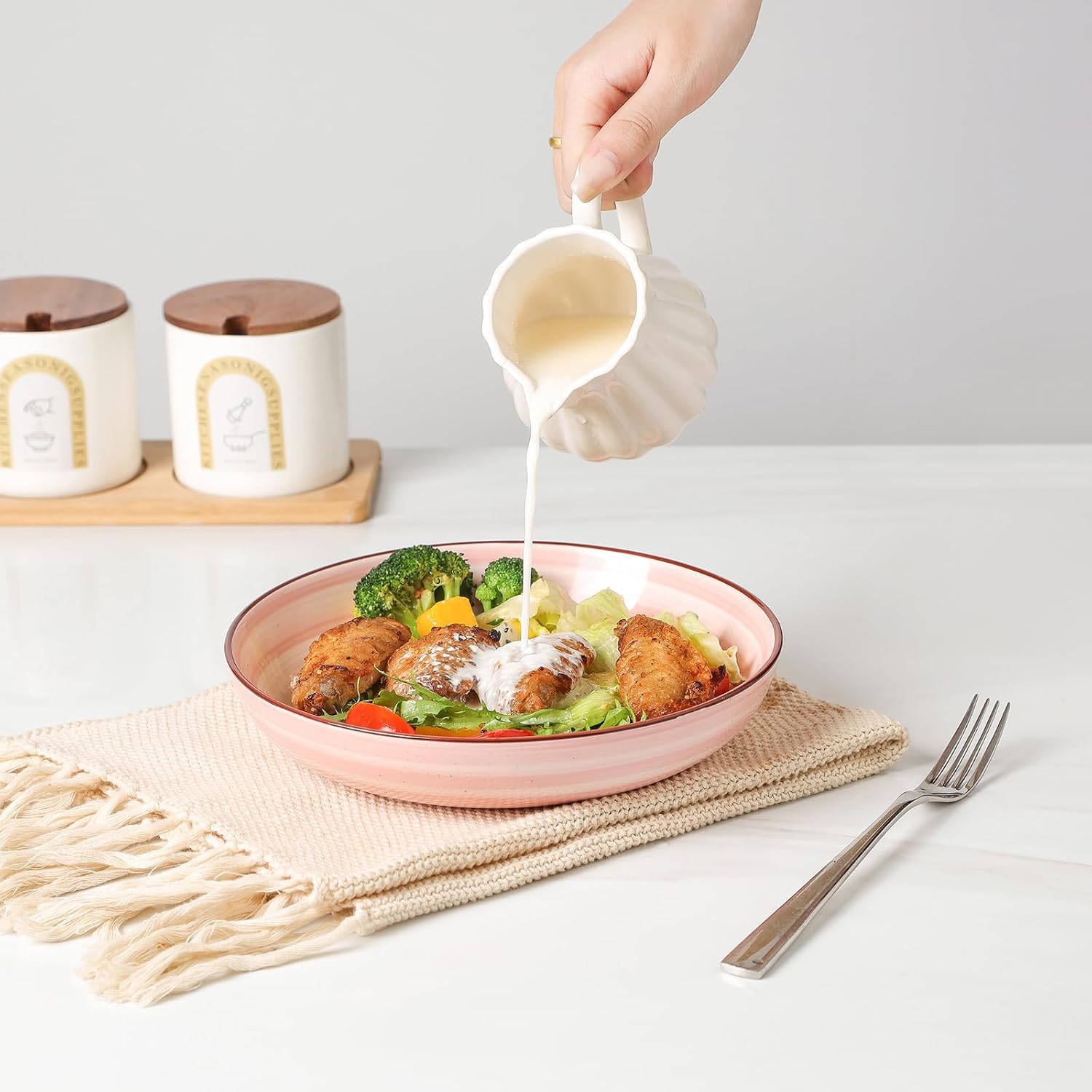 KitchenTour Large Pasta Bowls 34 oz, Ceramic Salad Serving Bowls Set of 6, 8.6 Inch Wide and Shallow Bowl for Soup- Dishwasher and Microwave Safe, Assorted Warm Colors