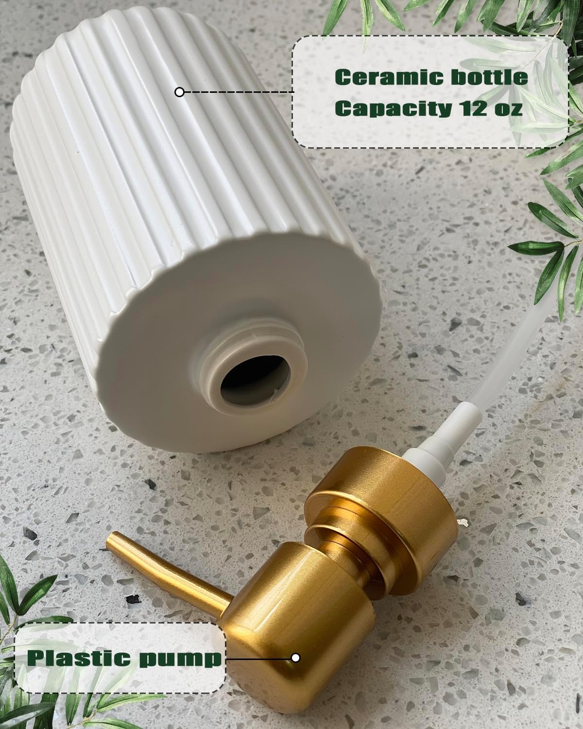 Soap Dispenser for Bathroom,12 Oz Liquid Soap Dispenser for Kitchen,Ceramic Hand Soap Dispenser with Plastic Pump,Simple Style Soap Dispenser (Gold and White Cylindrical Soap Dispenser) - Image 3