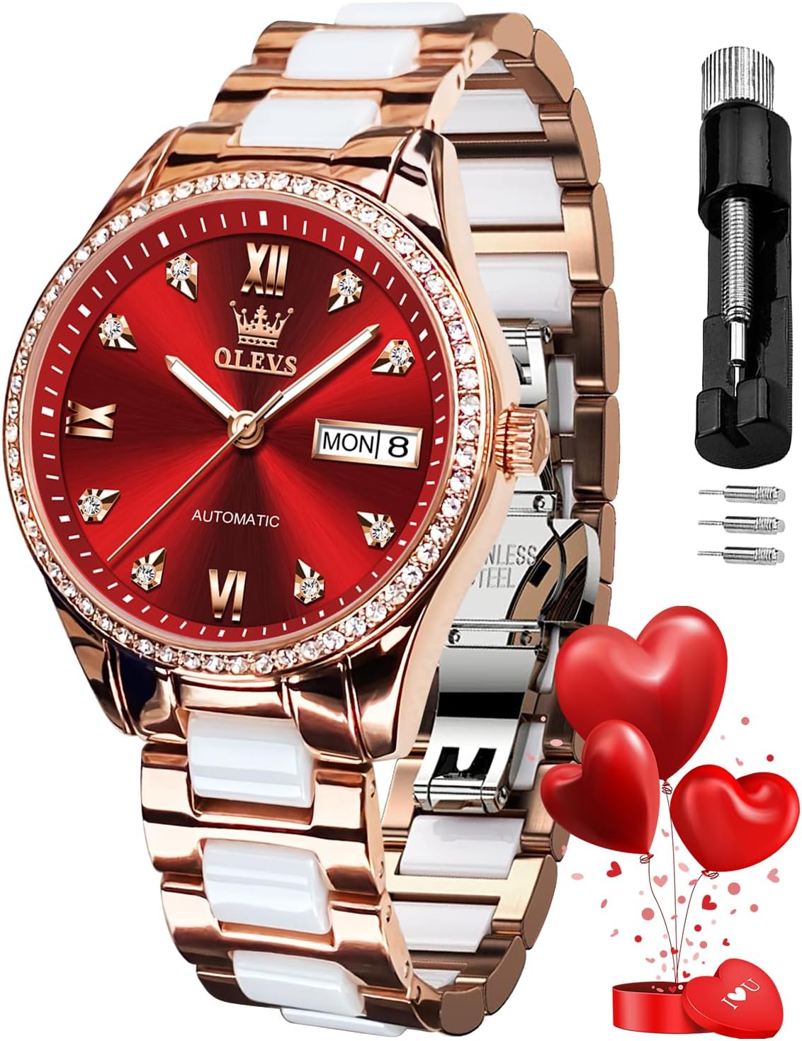 OLEVS Automatic Watches for Women Diamond Fashion Elegant Dress Mechanical Self Winding Date Ladies Wrist Watches Luxury Rose Gold Two Tone Ceramic Watch Waterproof Luminous