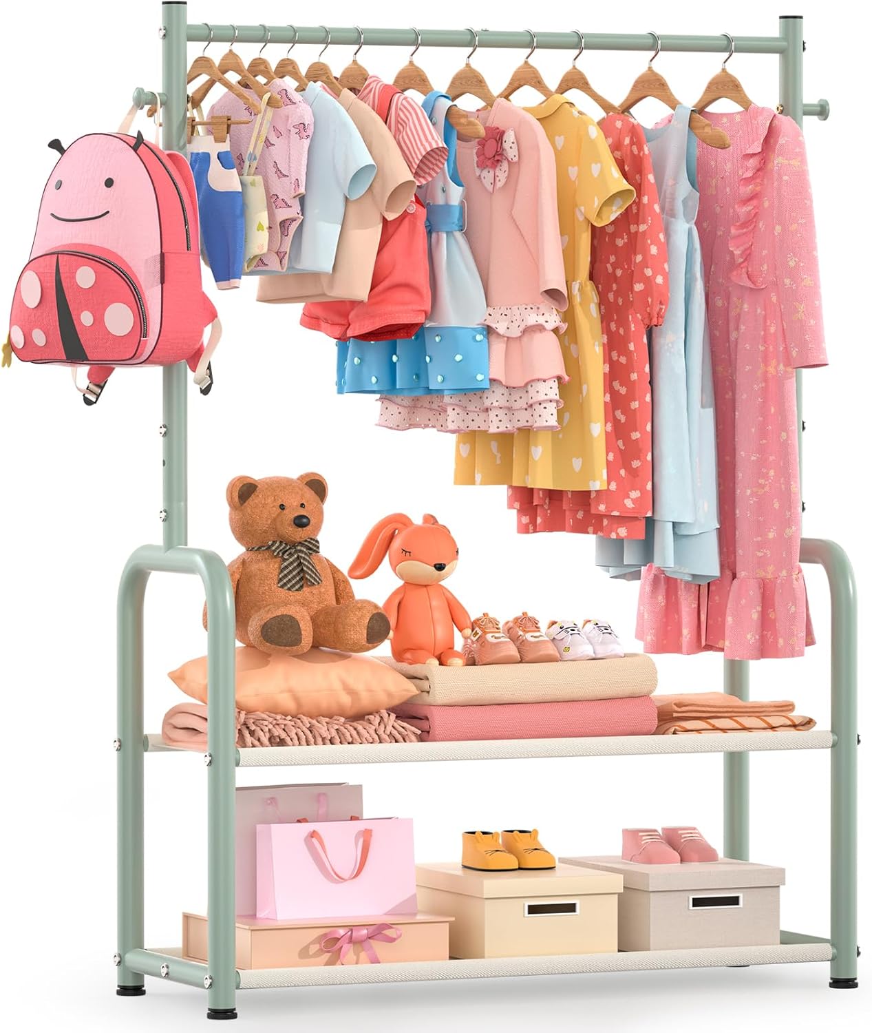 Kids Clothing Rack with 2-Layer Storage Shelf and 2 Adjustable Hanging Rods, Dress Up Rack for Hanging Clothes,Dress up Storage for Baby Toddle Kids(Classic, Green)