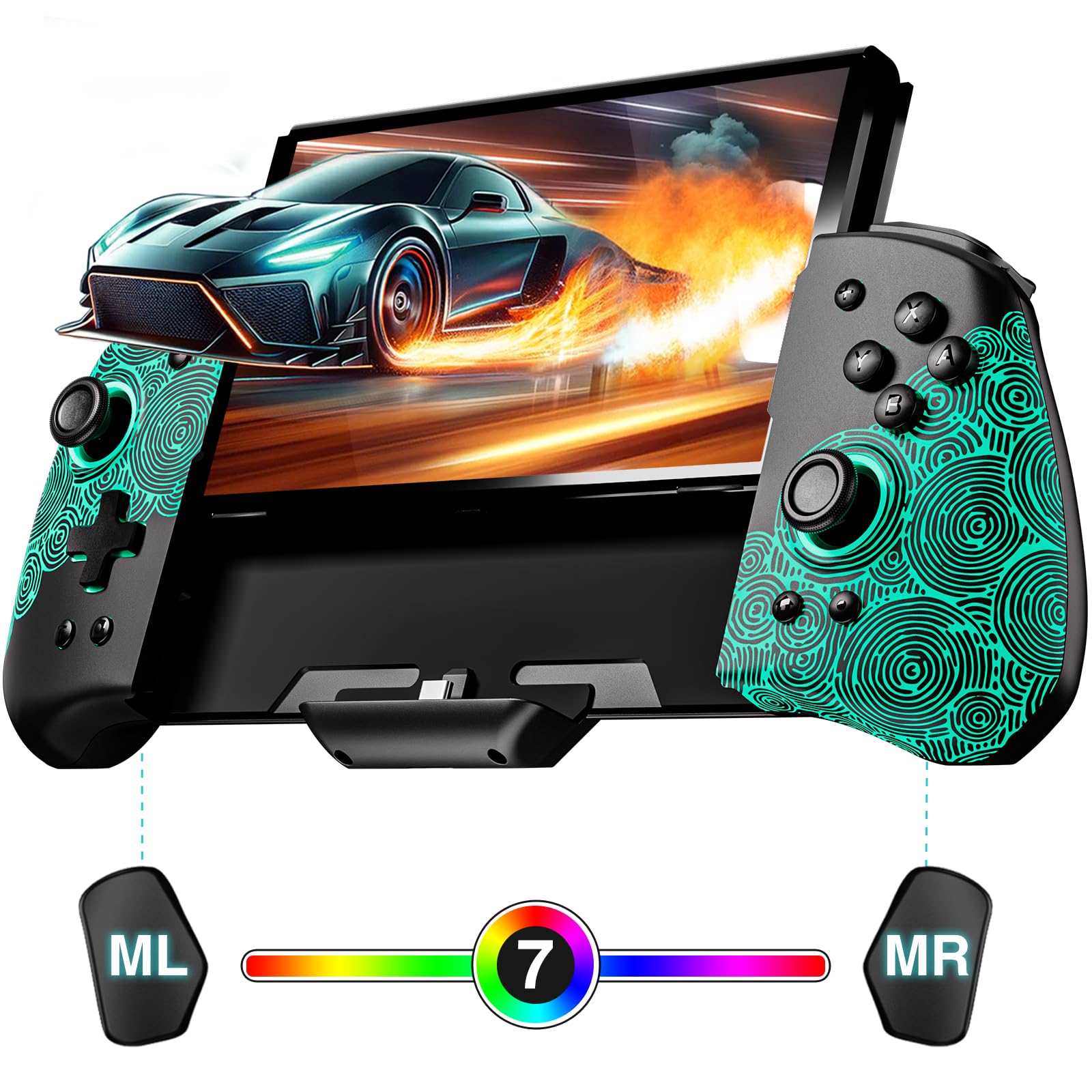 FUNLAB Switch Handheld Controller Hall Effect Compatible with Nintendo/OLED, Luminous Switch Joypad Controller Customizable, Ergonomic Switch One-Piece Joypad Controllers Replacement - 7 LED Colors/Turbo/Mapping
