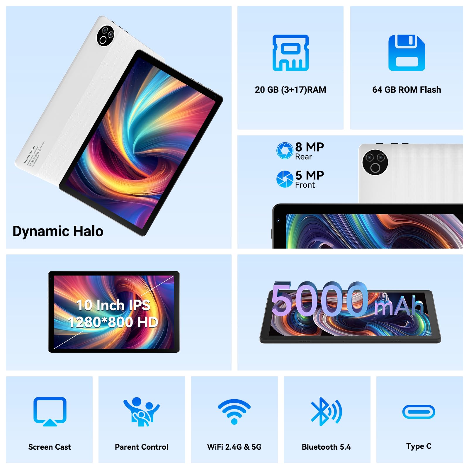 Android 15 Tablet 10 Zoll – 20GB RAM 64GB ROM bis 1TB TF, 800×1280 IPS, Dual Kamera 2MP+5MP, WiFi6+BT5.4, 5000mAh Akku, Typ-C, OMS, Weiß