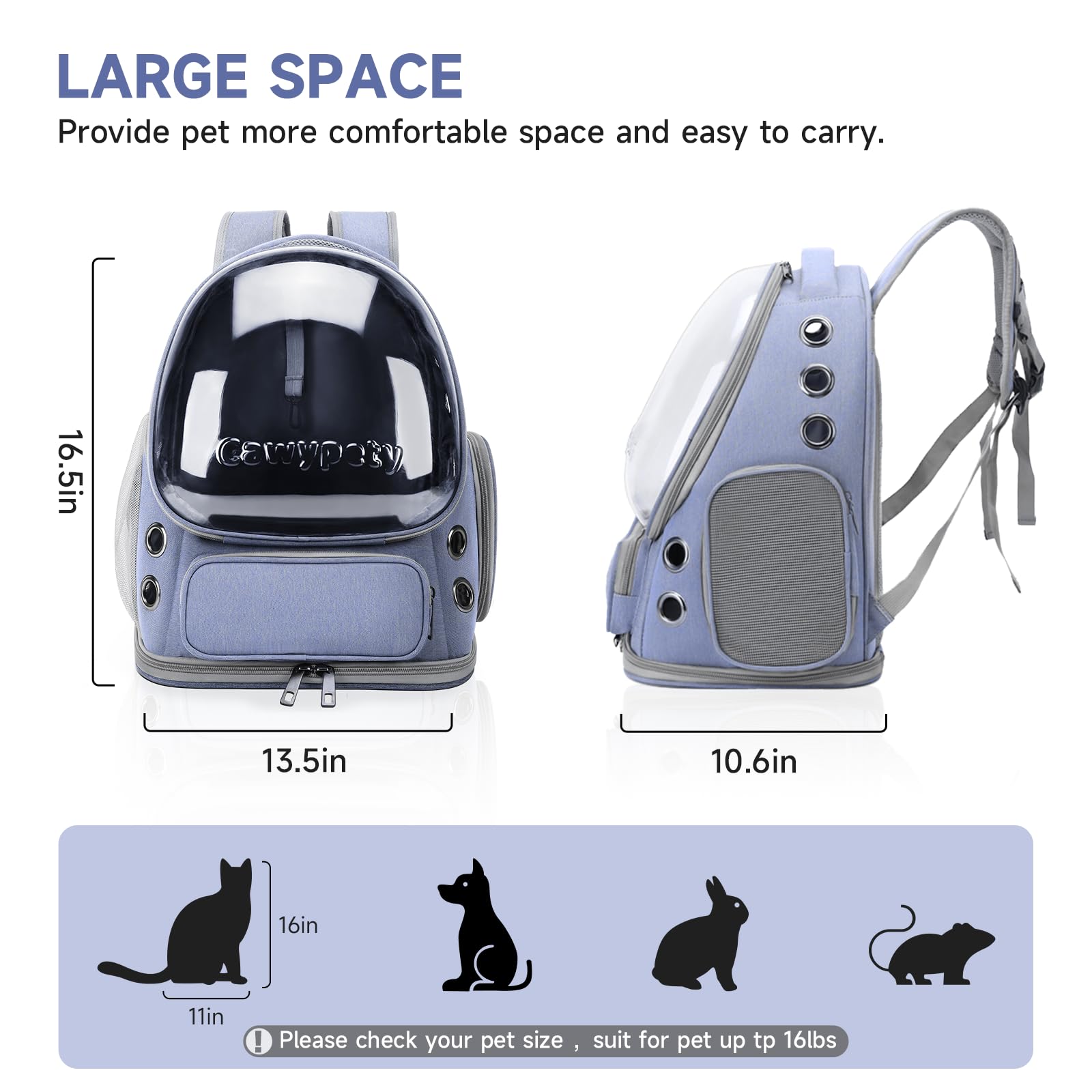 Cawypety Zaino per gatti, traspirante, con bolle spaziali, per cani di piccola taglia fino a 6,8 kg, trasparente e pieghevole, per viaggi ed escursioni (blu
