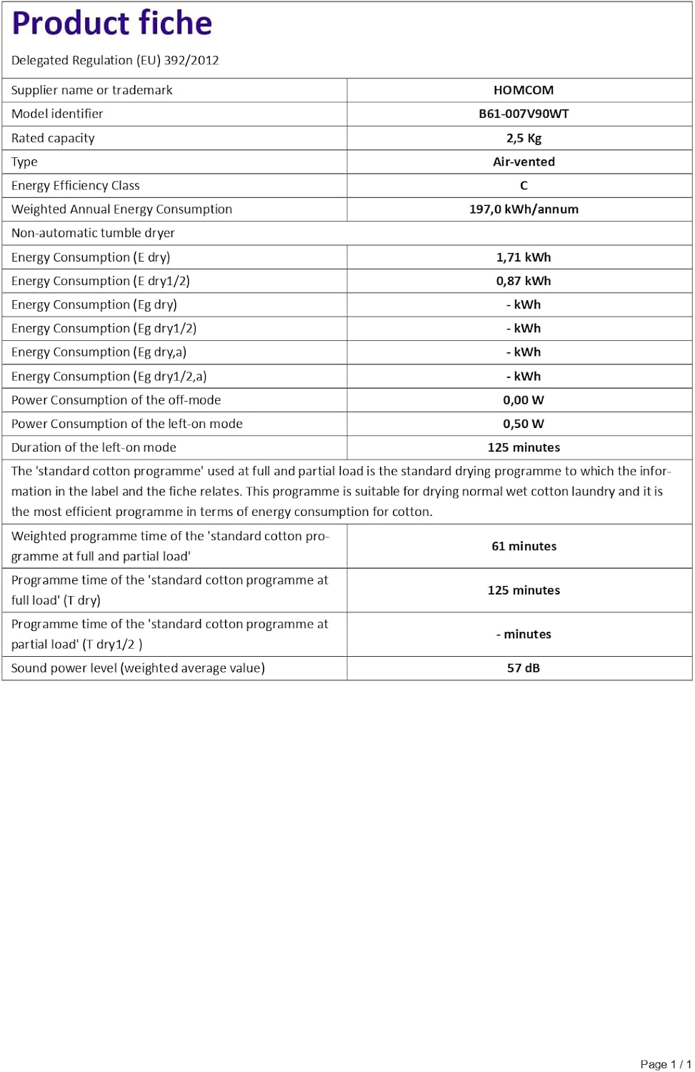 Product fiche showing energy efficiency class C and other technical data for the HOMCOM dryer.