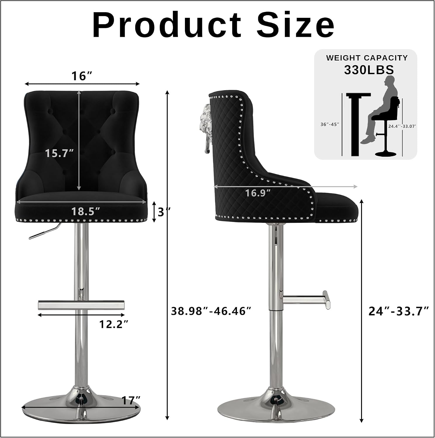 Velvet Bar Stool Set of 2 Lion Pull Ring Swivel Chair for Kitchen Counter Nailhead Upholstered Barstools Height Adjustable Barstools with Chrome Base for Dining Room Kitchen Black