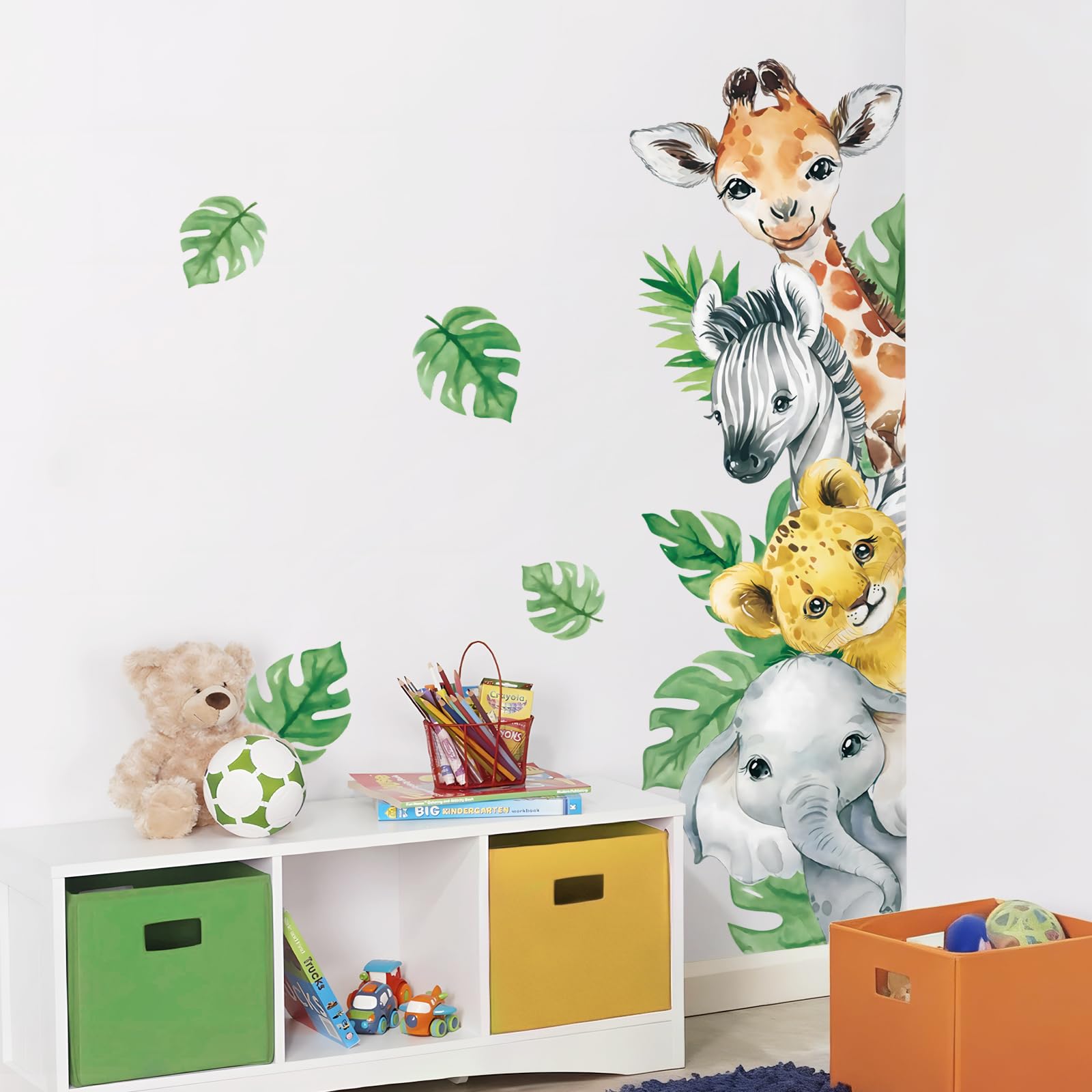 Tanlaby Adesivi Murali Animali Giungla Adesivi da Parete Animali Safari Stickers Murali Giraffa Zebra Verde Foglie Stickers Muro per Bambini Camerette Camera da Letto Asilo Nido