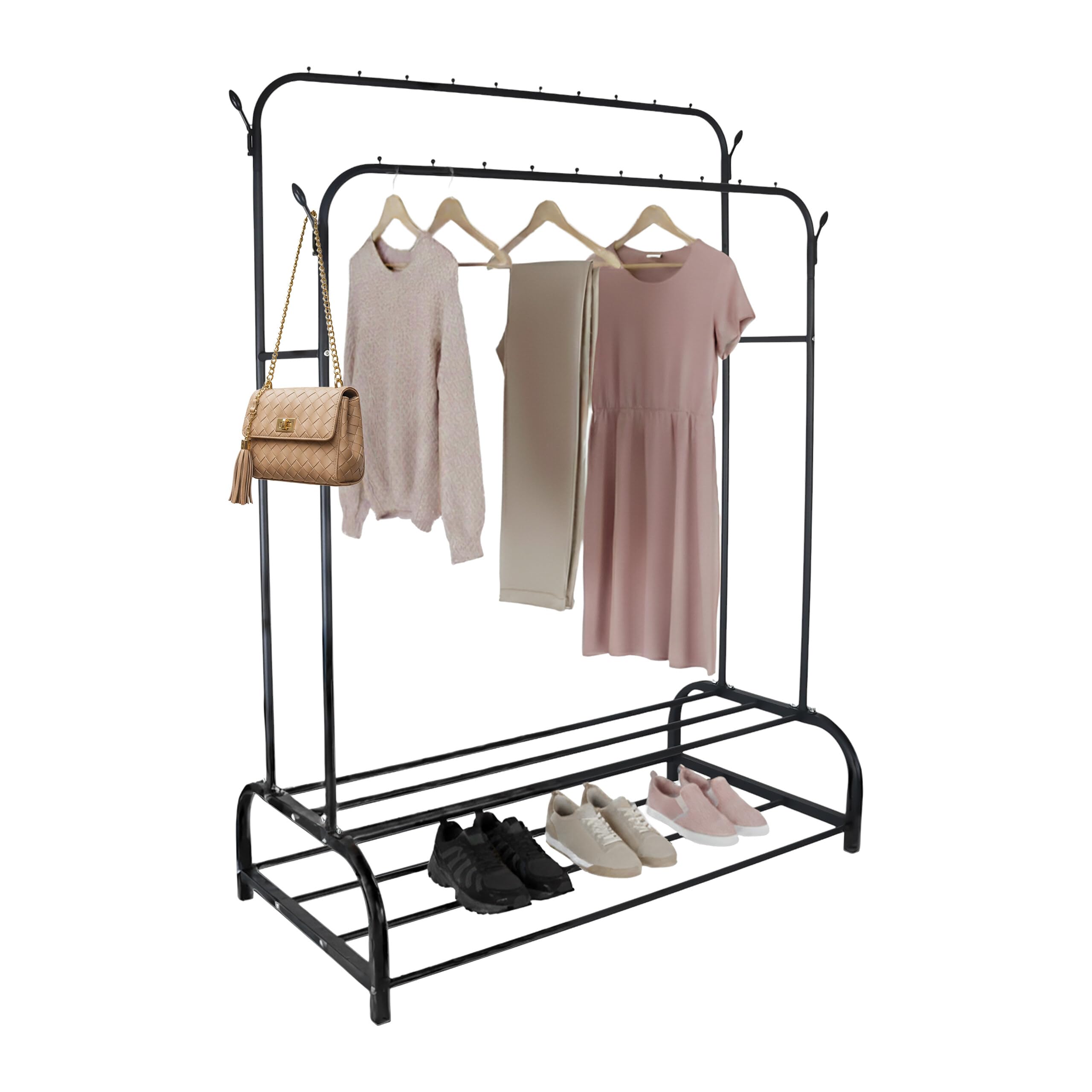 Relaxdays clothes rack, HxWxD: 155 x 110 x 55 cm, 2 shelves & 2 rods, 4 hooks, double garment rack, black