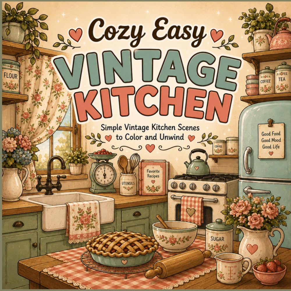 Cozy Easy Vintage Kitchen: Simple Vintage Kitchen Scenes to Color and Unwind