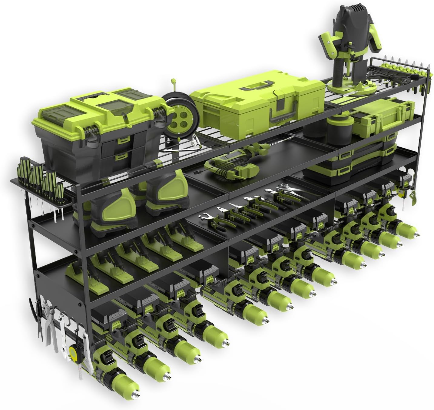 50''W Large Power Tool Organizer Wall Mount, Heavy Duty 4 Tier 12 Drill Holder Loads 600lbs, Garage Tool Organizer and Storage, Suitable Tool Rack for Workshop, Workbench