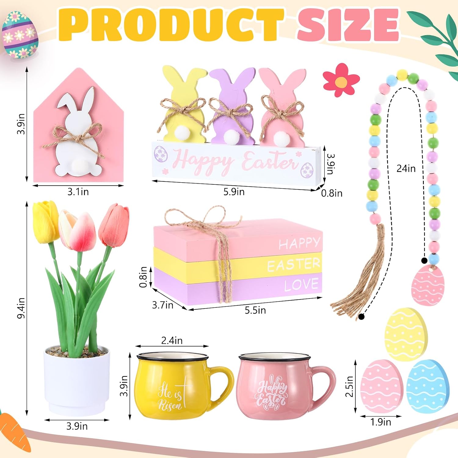 Gerrii 12 Pcs Easter Spring Tiered Tray Decor, Pastel Home Office Table Shelf Decor Gifts, Farmhouse Easter Decorations for Tabletop Shelf Mantel Wooden Bunny Beads Signs Tulips Mugs Eggs