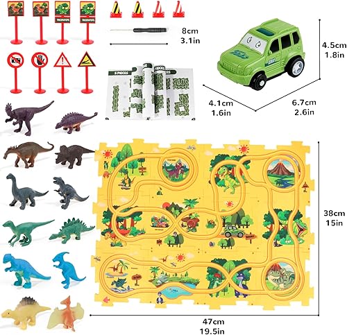 Miniatura 7 de Juego de rompecabezas de coche con 12 figuras de dinosaurios, rompecabezas de tablero de carreras de coche, rompecabezas de plástico para niños de 3