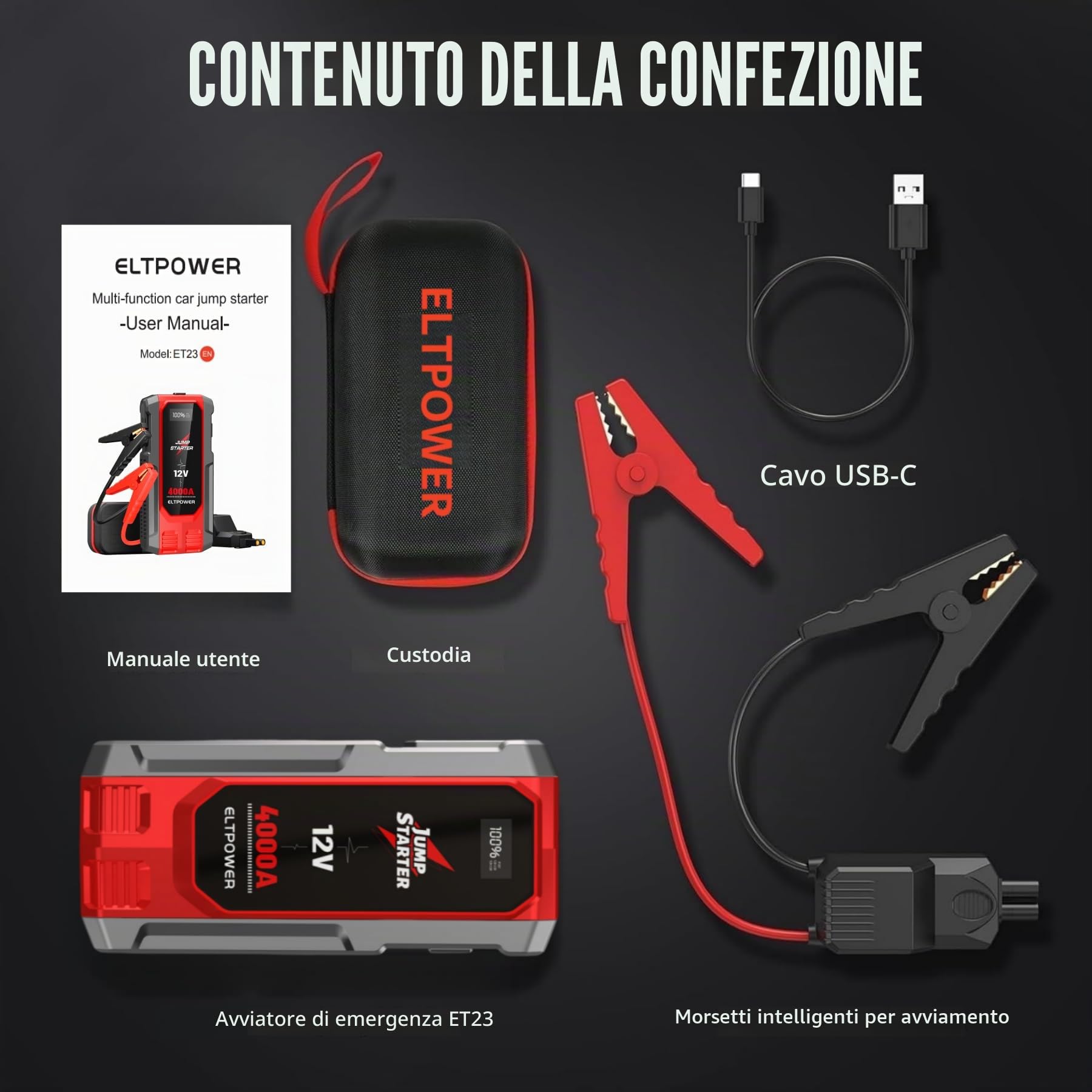 ELTPOWER Avviatore di Emergenza per Auto 4000A UltraSafe Avviatore di Emergenza Pacco Batteria 12V Caricabatterie per Auto Portatile Jump Box con Torcia 3 Modalità Cavi Jumper USB Power Bank Doppia