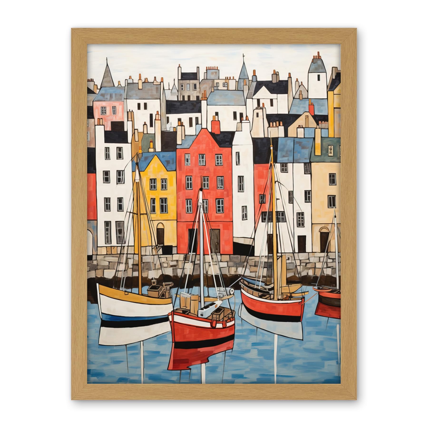 Artery8 Colourful Town Harbour Acrylic Painting Red Yellow Blue Fishing Boats Coastal Townscape Artwork Framed Wall Art Print 18X24 Inch