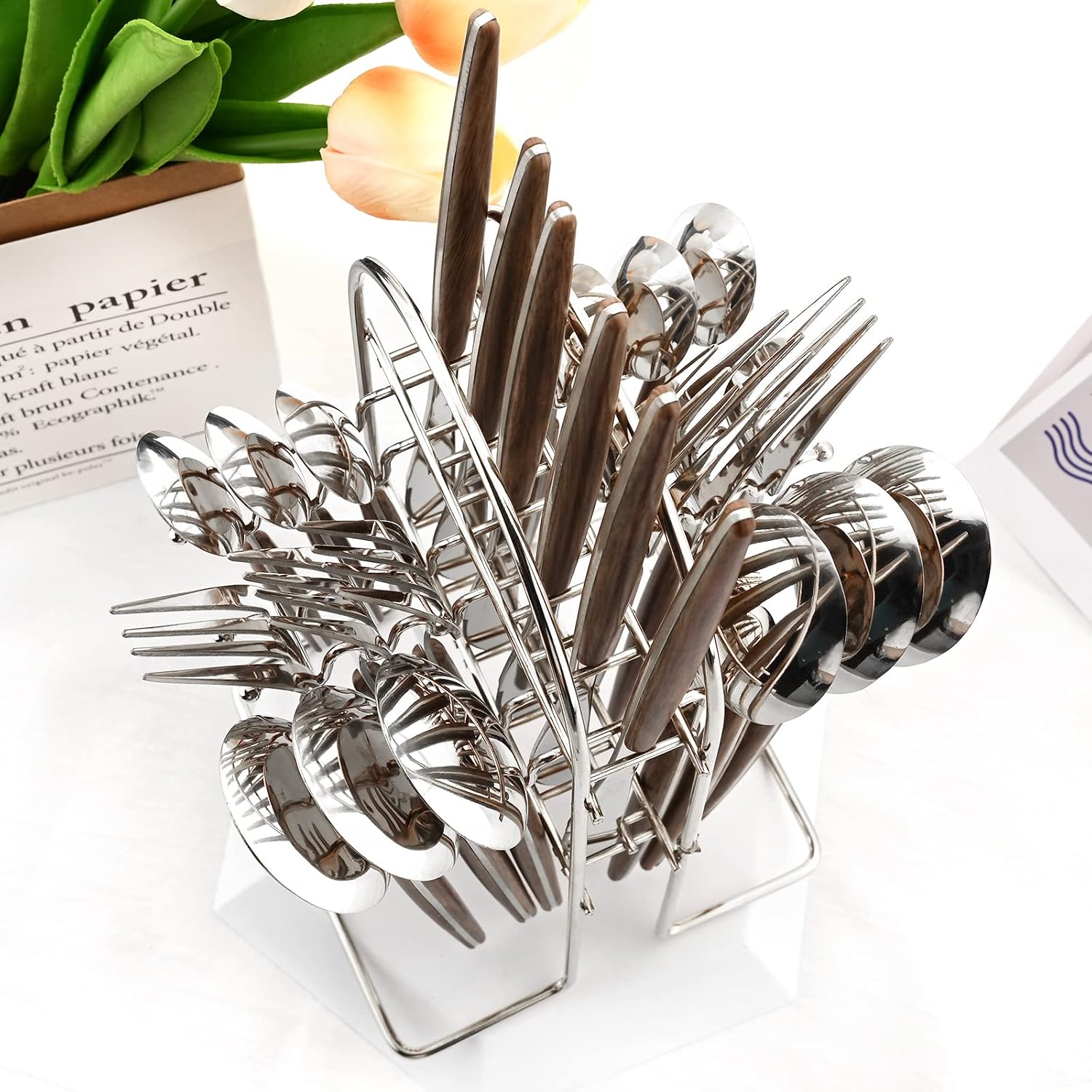 24-Piece Wood Silverware Set With Stand, 18/0 Stainless Steel Flatware Set For Home Kitchen Daily Use Wedding Party Housewarming, Service For 6, Mirror Silver
