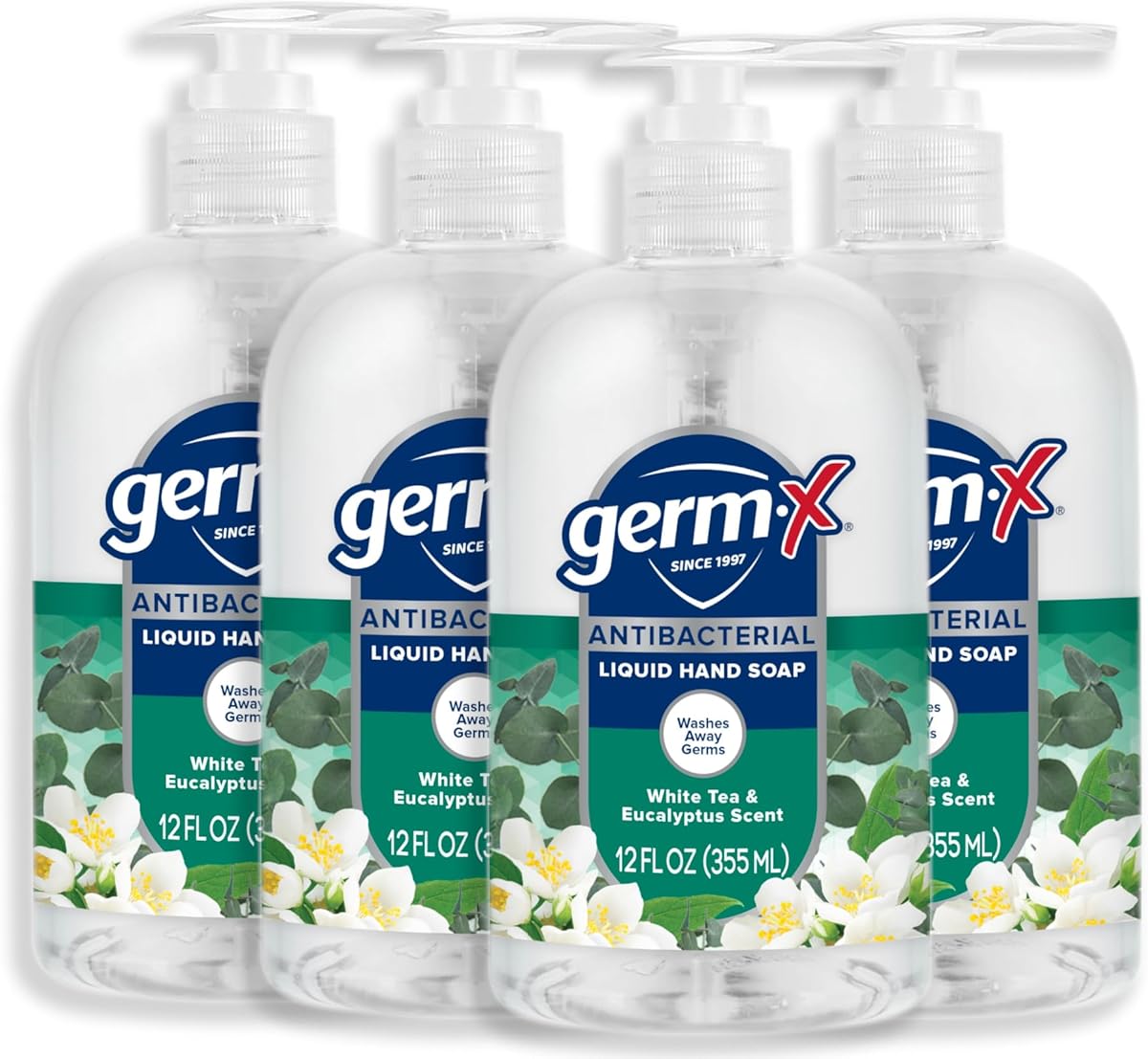 Germ-X Antibacterial Hand Soap, Moisturizing Liquid Hand Wash for Kitchen, pH Balanced & Dermatologist Tested, Back to School Supplies, White Tea & Eucalyptus, 12 oz Pump Bottle (Pack of 4)