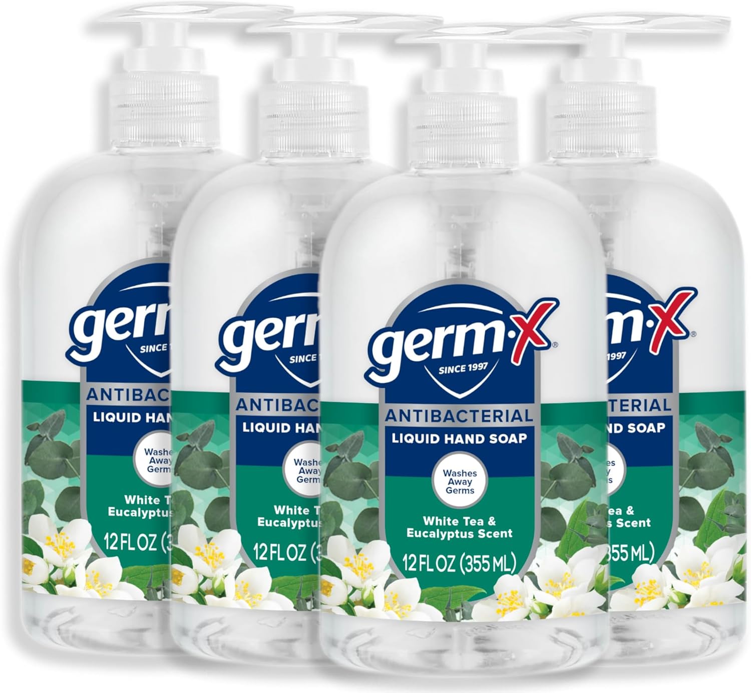Germ-X Antibacterial Hand Soap, Moisturizing Liquid Hand Wash for Kitchen, pH Balanced & Dermatologist Tested, Back to School Supplies, White Tea & Eucalyptus, 12 oz Pump Bottle (Pack of 4)