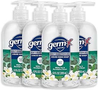 Germ-X Antibacterial Hand Soap, 12 Oz (Pack 4), Moisturizing Liquid Hand Wash for Kitchen or Bathroom, pH Balanced & Dermatologist Tested, White Tea & Eucalyptus Scent, Pump Bottle