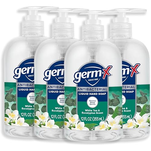 Germ-X Antibacterial Hand Soap, Moisturizing Liquid Hand Wash for Kitchen, pH Balanced & Dermatologist Tested, Back to School Supplies, White Tea & Eucalyptus, 12 oz Pump Bottle (Pack of 4)