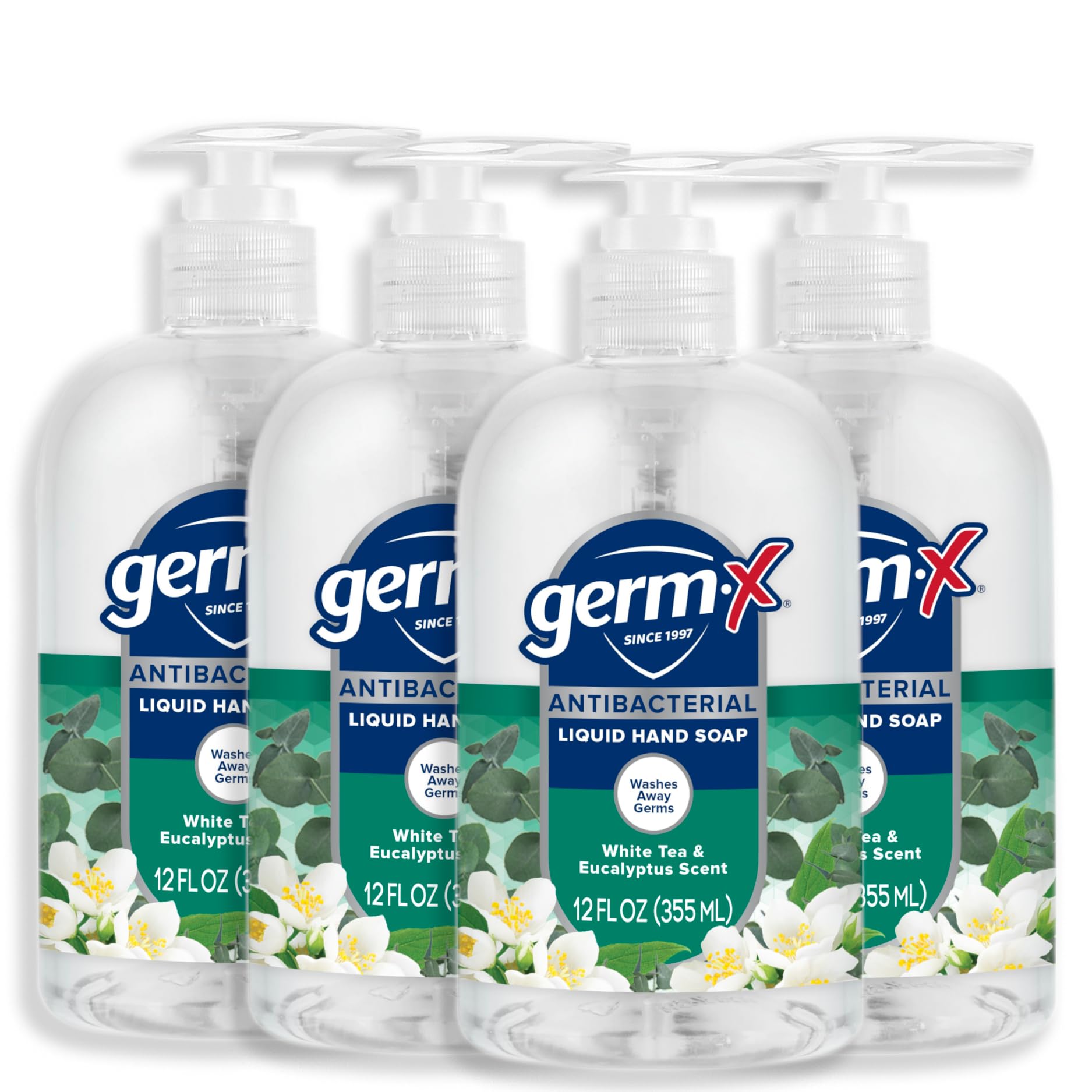 Germ-X Antibacterial Hand Soap, 12 Oz (Pack 4), Moisturizing Liquid Hand Wash for Kitchen or Bathroom, pH Balanced & Dermatologist Tested, White Tea & Eucalyptus Scent, Pump Bottle