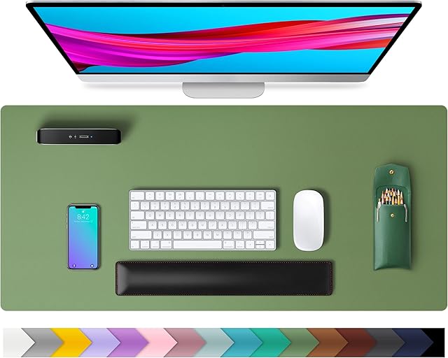 Leather Desk Pad Protector,Mouse Pad,Office Desk Mat, Non-Slip PU Leather Desk Blotter,Laptop Desk Pad,Waterproof Desk Writing Pad for Office and Home (80cmx40cm,Olive Green)