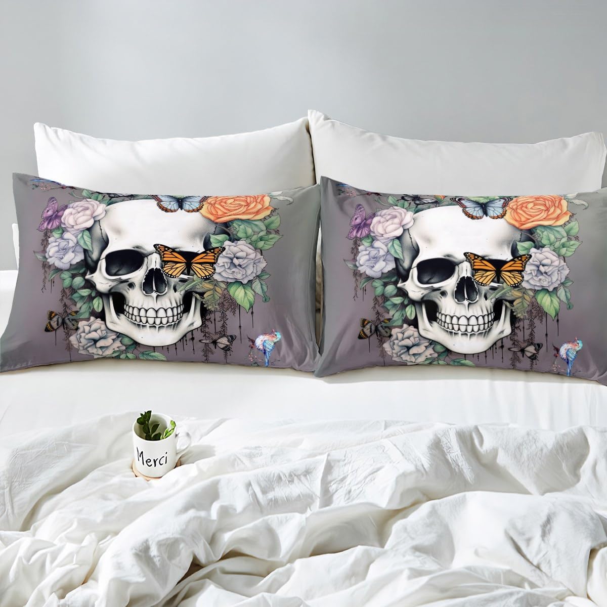 Erosebridal Rose Skull Bedding Set Twin,Goth Bird Butterfly Duvet Cover Retro Gothic Sugar Skull Comforter Cover for Girls Teens Women Men,Black White Sketch Skeleton Quilt Cover 2 Pcs Vintage Green
