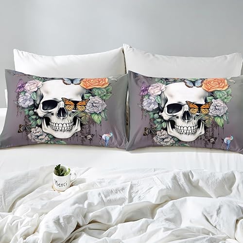 Miniatura 4 de Erosebridal Juego de ropa de cama con diseño de calavera de rosa tamaño King, diseño de mariposa gótica, diseño de calavera de azúcar para niñas,