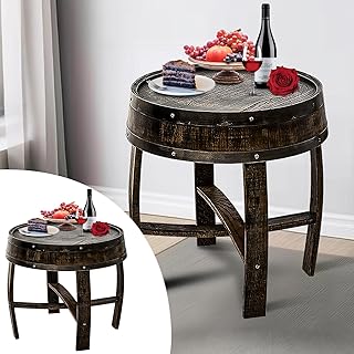 Whiskey Wine Barrel Table, 22.2x24in Round Rustic End Side Table - Handcrafted Oak Barrel Coffee Table for Living Room, Vintage Home & Bar Décor