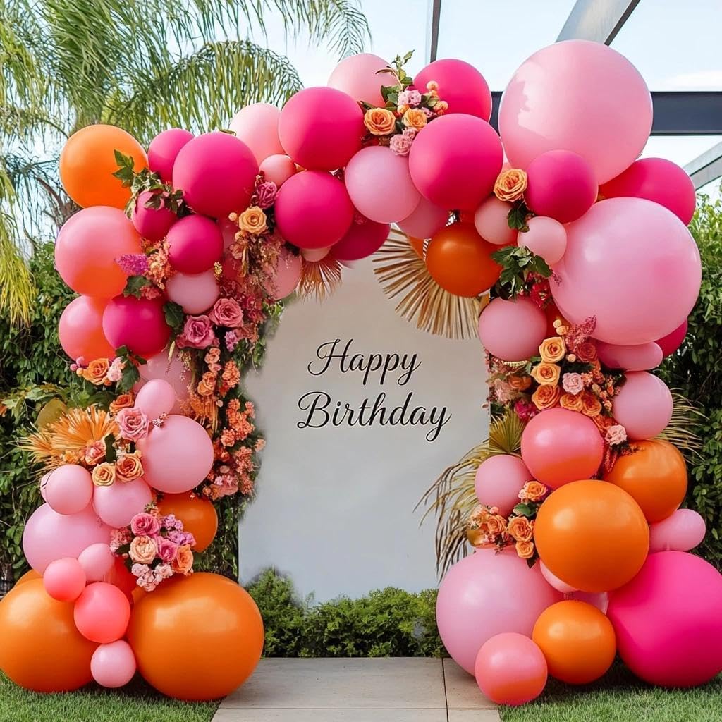 Hot Pink Orange Balloon Garland Double Stuffed Orange Pink Coral Balloon Arch Kit for Birthday Baby Shower Flamingo Wildflower Valentine Mother’s Day Party Decorations
