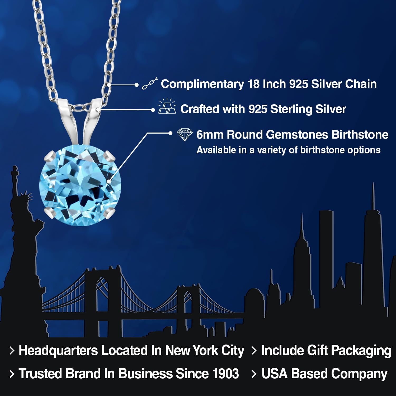 Gem Stone King 14K White Gold Swiss Blue Topaz Pendant Necklace for Women | 1.00 Cttw | Gemstone November Birthstone | Round 6MM | With 18 Inch Silver Chain - Image 2