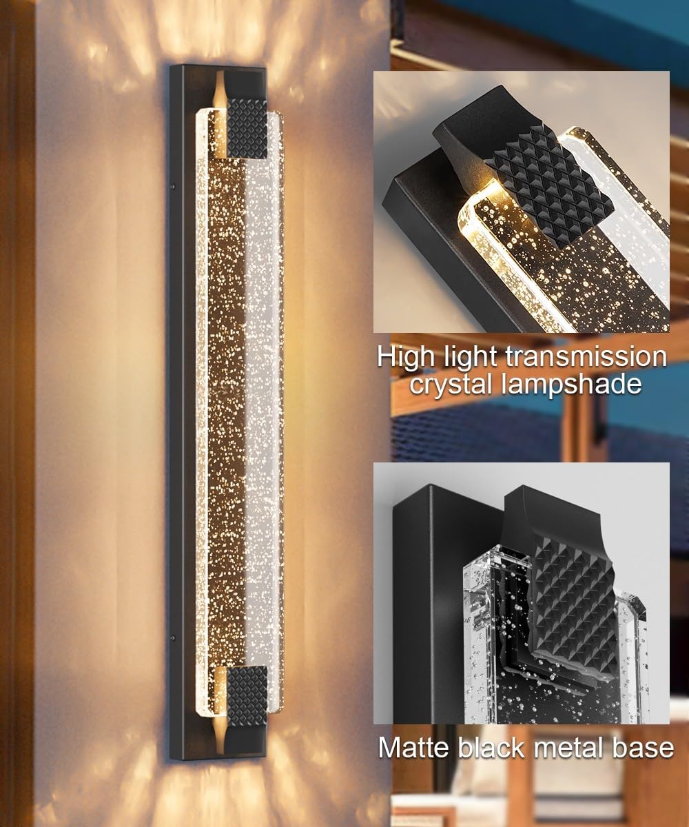Tipace 31.5in Modern LED Outdoor Wall Sconces Crystal Bubble Glass Black Exterior Lights, Long Linear Porch Lights Outside Lighting for Entrance, Hallway, Garage,Patio,Doorway