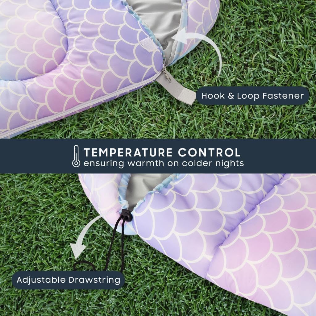 Wake In Cloud - Kids Sleeping Bag for Girls Toddlers, Camping in Warm Cold Weather, Backpacking Lightweight Compact Outdoor Liner for 3 Seasons Summer Spring Fall, Mermaid Purple Blue