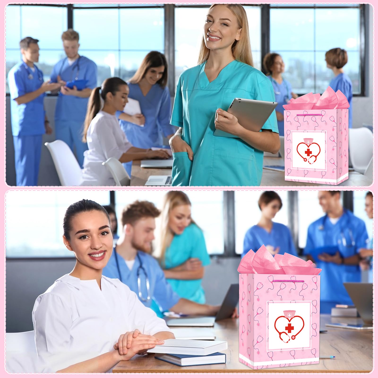 D4DREAM Nurse Graduation Gift Bag - 13" Large Pink Nurse Gift Bag with Tissue Paper for Women Doctor Nursing School Grads Medical School Graduates Perfect for Nurse Week Celebrations