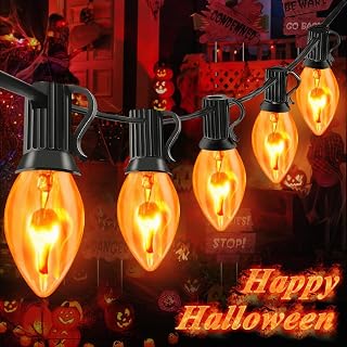 Halloween Flickering Flame String Lights with 27 C7 Clear Orange Flame Blubs (2 Spare),25FT Vintage Halloween String Lights for Indoor Outdoor Halloween Decoration Party Black Wire