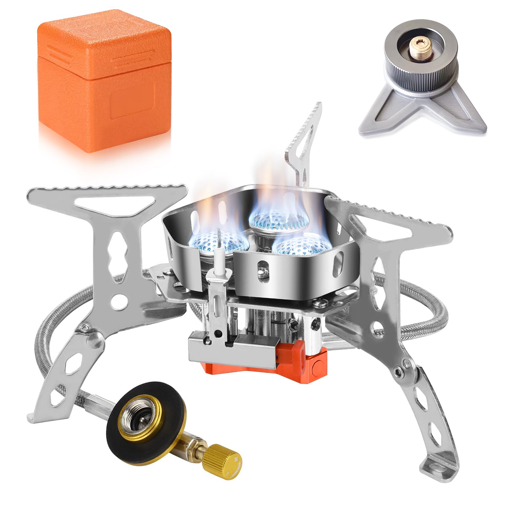 Idota Hornillo de camping a prueba de viento, 6800 W, con adaptador, plegable, hornillo de gas, hornillo de camping con encendido piezoeléctrico para cartucho de rosca