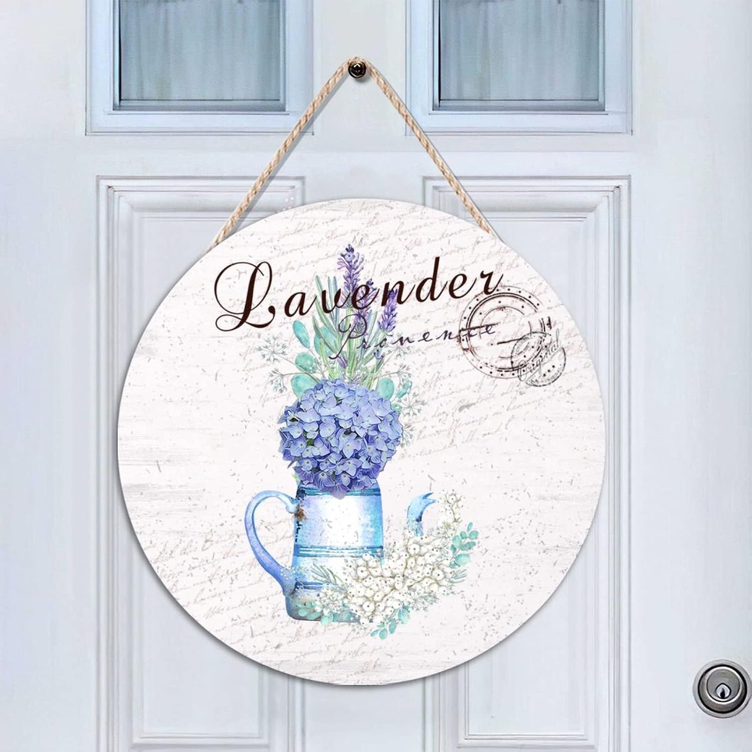 Old Paper Textures Round Door Hanger Sign, Lavender Wood Door Sign, Flower 16x16in Wall Door Hanging Sign for Outdoor Front Porch Farmhouse Front Door Decor Housewarming Gifts