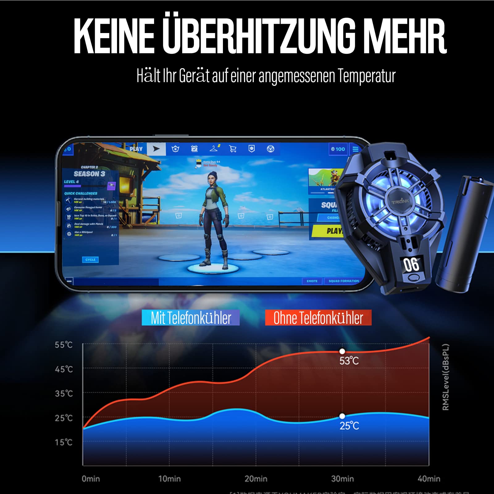 TRILINK Handy-Kühler mit wiederaufladbarem Akku, Handy-Kühlventilator für Spiele, für alle Arten von iPhone und Android Smartphones, Phone Cooler mit LED-Temperaturanzeige/Universalklemme/RGB-LEDs